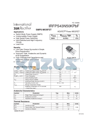 IRFPS43N50KPBF datasheet - HEXFET^ Power MOSFET ( VDSS = 500V , RDS(on)typ. = 0.078Y , ID = 47A )