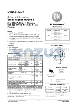 NTNS3164NZ datasheet - 20 V, 245 mA, Single N.Channel, SOT.883 (XDFN3) 1.0 x 0.6 x 0.4 mm Package