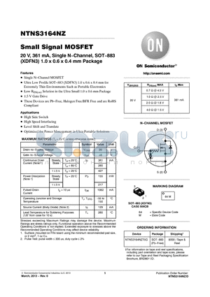 NTNS3164NZ datasheet - Small Signal MOSFET 20 V, 361 mA, Single N.Channel, SOT.883 (XDFN3) 1.0 x 0.6 x 0.4 mm Package