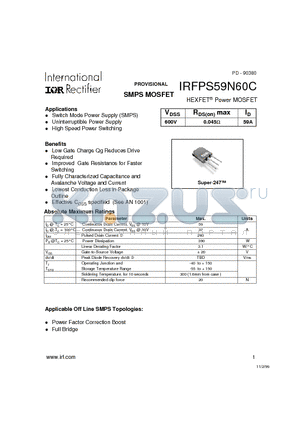 IRFPS59N60C datasheet - SMPS MOSFET