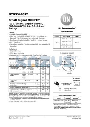 NTNS3A65PZ datasheet - 20 V, 281 mA, Single PChannel, SOT883 (XDFN3) 1.0 x 0.6 x 0.4 mm Package