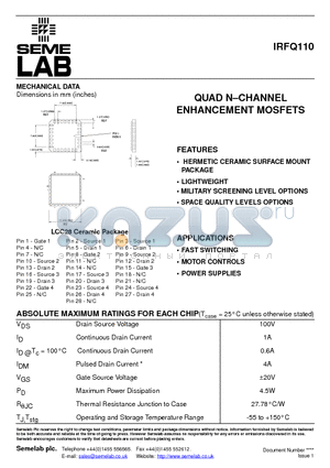 IRFQ110 datasheet - QUAD N-CHANNEL ENHANCEMENT MOSFETS