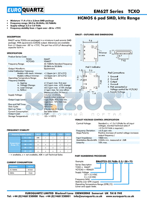 EM62T datasheet - HCMOS 6 pad SMD, kHz Range