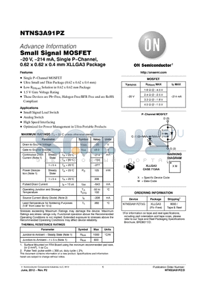 NTNS3A91PZT5G datasheet - Small Signal MOSFET .20 V, .214 mA, Single P.Channel, 0.62 x 0.62 x 0.4 mm XLLGA3 Package