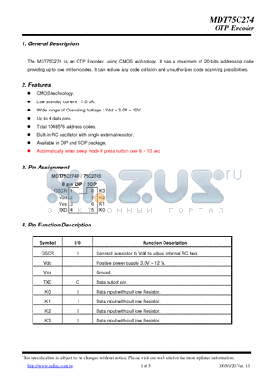 MDT75C274 datasheet - OTP Encoder using CMOS technology.