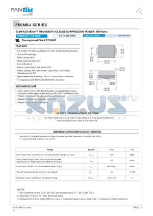 P6SMBJ100 datasheet - SURFACE MOUNT TRANSIENT VOLTAGE SUPPRESSOR POWER