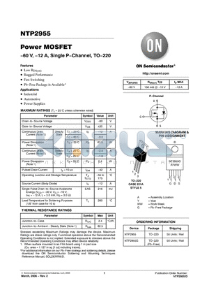 NTP2955 datasheet - Power MOSFET −60 V, −12 A, Single P−Channel, TO−220