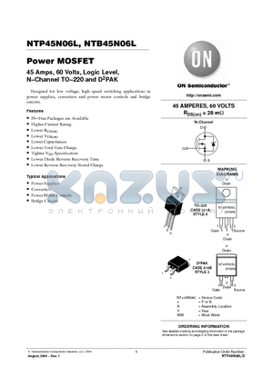 NTP45N06L datasheet - 45 Amps, 60 Volts, Logic Level, N−Channel TO−220 and D2PAK