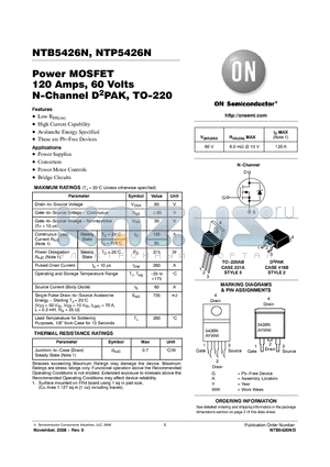 NTP5426N datasheet - Power MOSFET 120 Amps, 60 Volts N-Channel D2PAK, TO-220