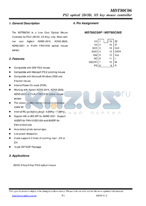 MDT80C06 datasheet - PS2 optical 2D/3D, 3/5 key mouse controller