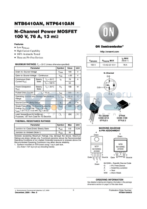 NTP6410AN datasheet - N-Channel Power MOSFET 100 V, 76 A, 13 mY