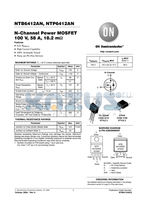 NTP6412AN datasheet - N-Channel Power MOSFET 100 V, 58 A, 18.2 mY