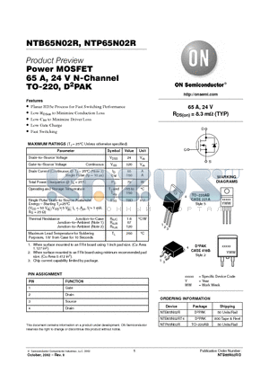 NTP65N02 datasheet - Power MOSFET 65 A, 24 V N-Channel TO-220, D2PAK