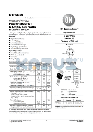 NTP6N50 datasheet - Power MOSFET 6 Amps, 500 Volts N-Channel TO-220