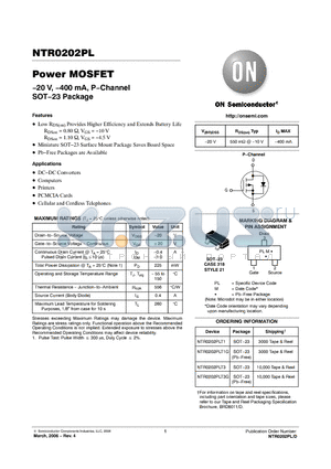 NTR0202PL datasheet - Power MOSFET -20 V, -400 mA, P-Channel SOT-23 Package