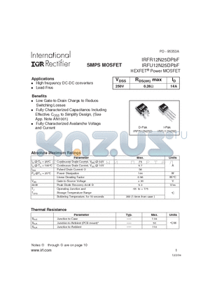 IRFR12N25DPBF datasheet - HEXFET Power MOSFET ( VDSS = 250V , RDS(on)max = 0.26Y , ID = 14A )