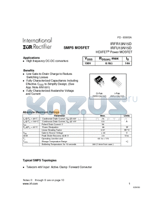IRFR13N15D datasheet - Power MOSFET(Vdss=150V, Rds(on)max=0.18ohm, Id=14A)