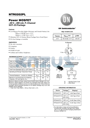 NTR0202PLT3 datasheet - Power MOSFET -20 V, -400 mA, P-Channel SOT-23 Package