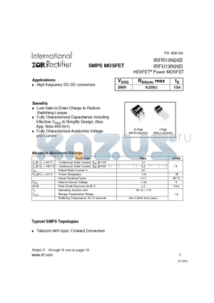 IRFR13N20 datasheet - Power MOSFET(Vdss=200V, Rds(on)max=0.235ohm, Id=13A)