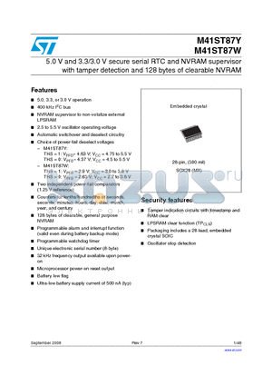 M41ST87WMX6TR datasheet - 5.0 V and 3.3/3.0 V secure serial RTC and NVRAM supervisor with tamper detection and 128 bytes of clearable NVRAM