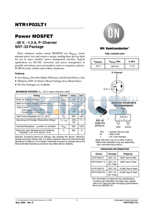 NTR1P02LT1 datasheet - Power MOSFET -20 V, -1.3 A, P-Channel SOT-23 Package