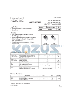 IRFR15N20DPBF datasheet - HEXFET^Power MOSFET