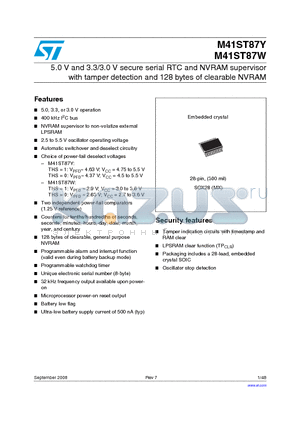 M41ST87YMX6 datasheet - 5.0 V and 3.3/3.0 V secure serial RTC and NVRAM supervisor with tamper detection and 128 bytes of clearable NVRAM