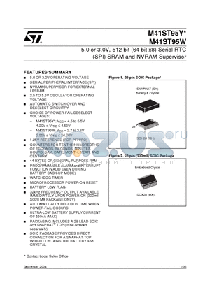 M41ST95Y datasheet - 5.0 or 3.0V, 512 bit (64 bit X 8) Serial RTC (SPI) SRAM and NVRAM Supervisor