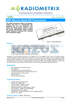 NTR2 datasheet - UHF Narrow Band FM Transceiver