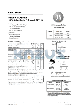 NTR3162PT1G datasheet - Power MOSFET −20 V, −3.6 A, Single P−Channel, SOT−23