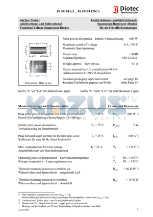 P6SMBJ110 datasheet - Surface Mount unidirectional and bidirectional Transient Voltage Suppressor Diodes