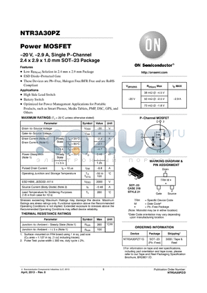 NTR3A30PZ datasheet - 20 V, 2.9 A, Single PChannel 2.4 x 2.9 x 1.0 mm SOT23 Package