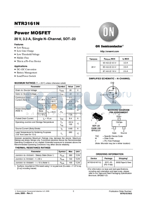 NTR3161NT1G datasheet - Power MOSFET 20 V, 3.3 A, Single N−Channel, SOT−23