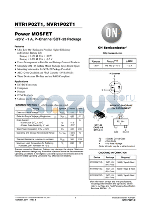 NTR1P02T1 datasheet - 20 V, 1 A, PChannel SOT23 Package