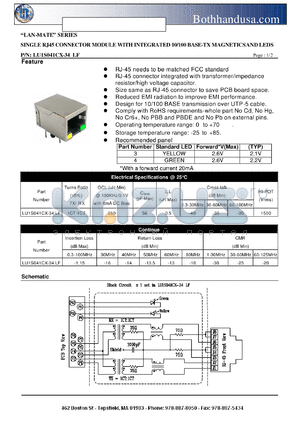LLU1S041CX-34LF datasheet - SINGLE RJ45 CONNECTOR MODULE WITH INTEGRATED 10/100 BASE-TX MAGNETICS AND LEDS