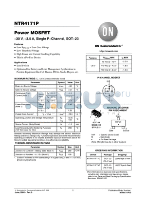 NTR4171PT3G datasheet - Power MOSFET −30 V, −3.5 A, Single P−Channel, SOT−23