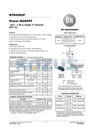 NTR4502P datasheet - Power MOSFET −30 V, −1.95 A, Single, P−Channel, SOT−23