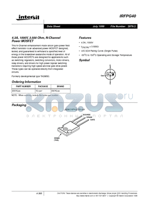 IRFPG40 datasheet - 4.3A, 1000V, 3.500 Ohm, N-Channel Power MOSFET