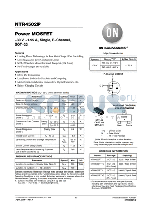 NTR4502PT3 datasheet - Power MOSFET −30 V, −1.95 A, Single, P−Channel, SOT−23