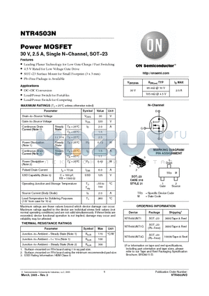 NTR4503NT1 datasheet - Power MOSFET 30 V, 2.5 A, Single N−Channel, SOT−23