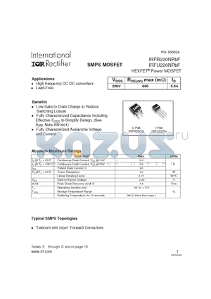 IRFR220NPBF datasheet - HEXFET Power MOSFET