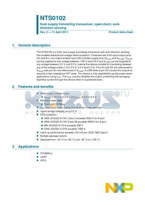 NTS0102 datasheet - Dual supply translating transceiver; open drain; auto direction sensing