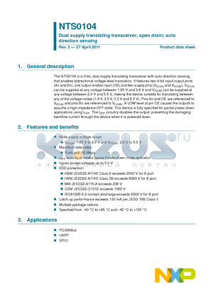 NTS0104GU12 datasheet - Dual supply translating transceiver; open drain; auto direction sensing