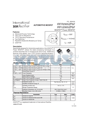 IRFR2905ZPBF datasheet - HEXFET^ Power MOSFET ( VDSS = 55V , RDS(on) = 14.5mY , ID = 42A )