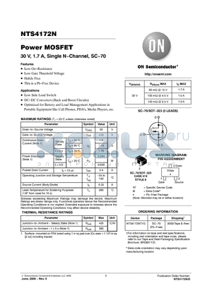 NTS4172N datasheet - Power MOSFET 30 V, 1.7 A, Single N−Channel, SC−70