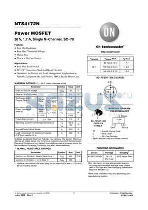 NTS4172NT1G datasheet - Power MOSFET 30 V, 1.7 A, Single N−Channel, SC−70