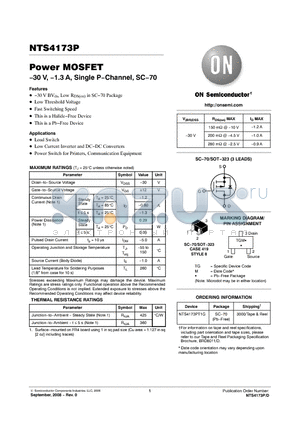 NTS4173PT1G datasheet - Power MOSFET −30 V, −1.3 A, Single P−Channel, SC−70