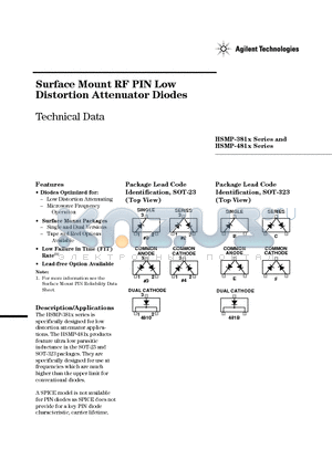 HSMP-3812 datasheet - Surface Mount RF PIN Low Distortion Attenuator Diodes