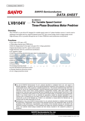 LV8104V datasheet - For Variable Speed Control Three-Phase Brushless Motor Predriver