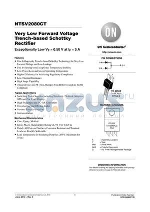 NTSV2080CT datasheet - Very Low Forward Voltage Trench-based Schottky Rectifier